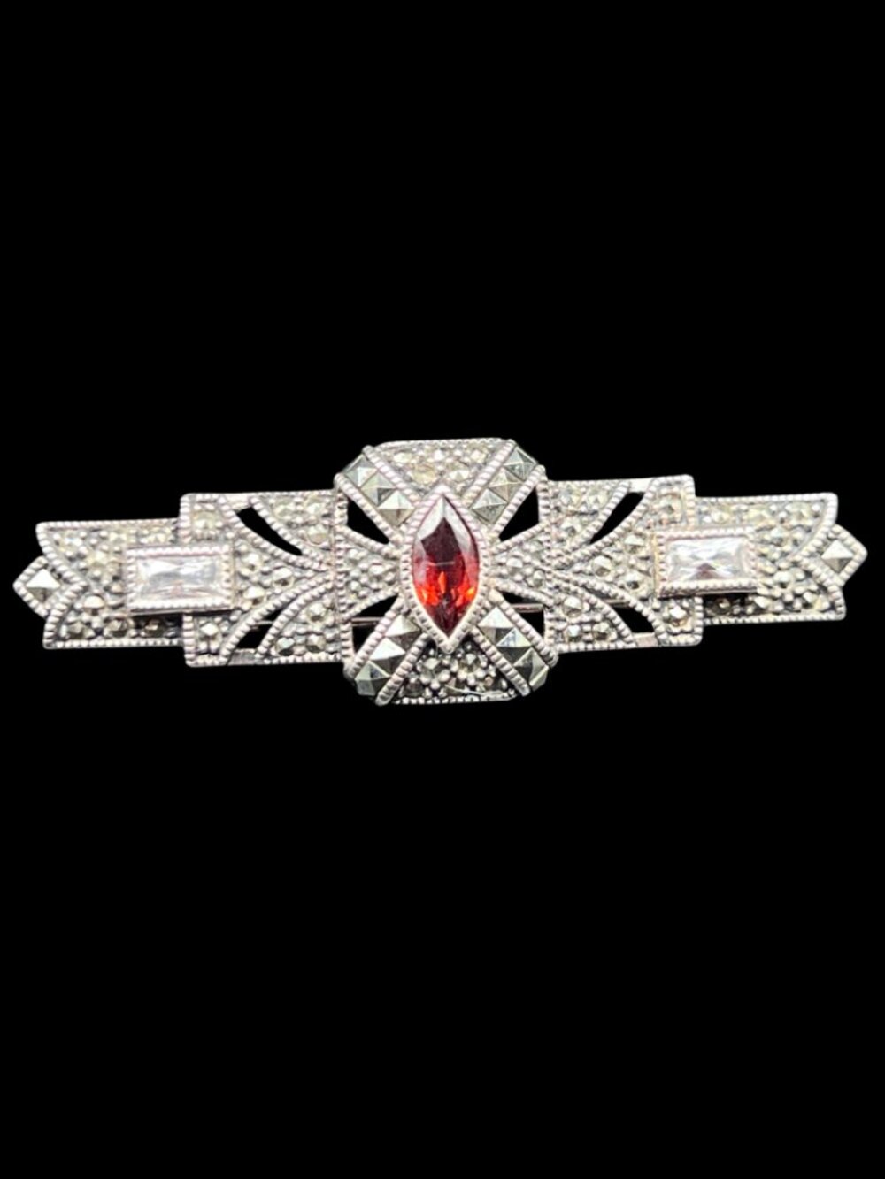 Judith Jack Sterling Silver Marcasite and Red Garnet Brooch Signed